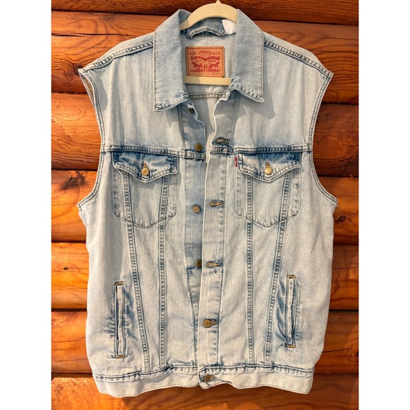 Levis Mens XXL Light Wash Denim Trucker Vest Sleeveless Jean Jacket Light Blue